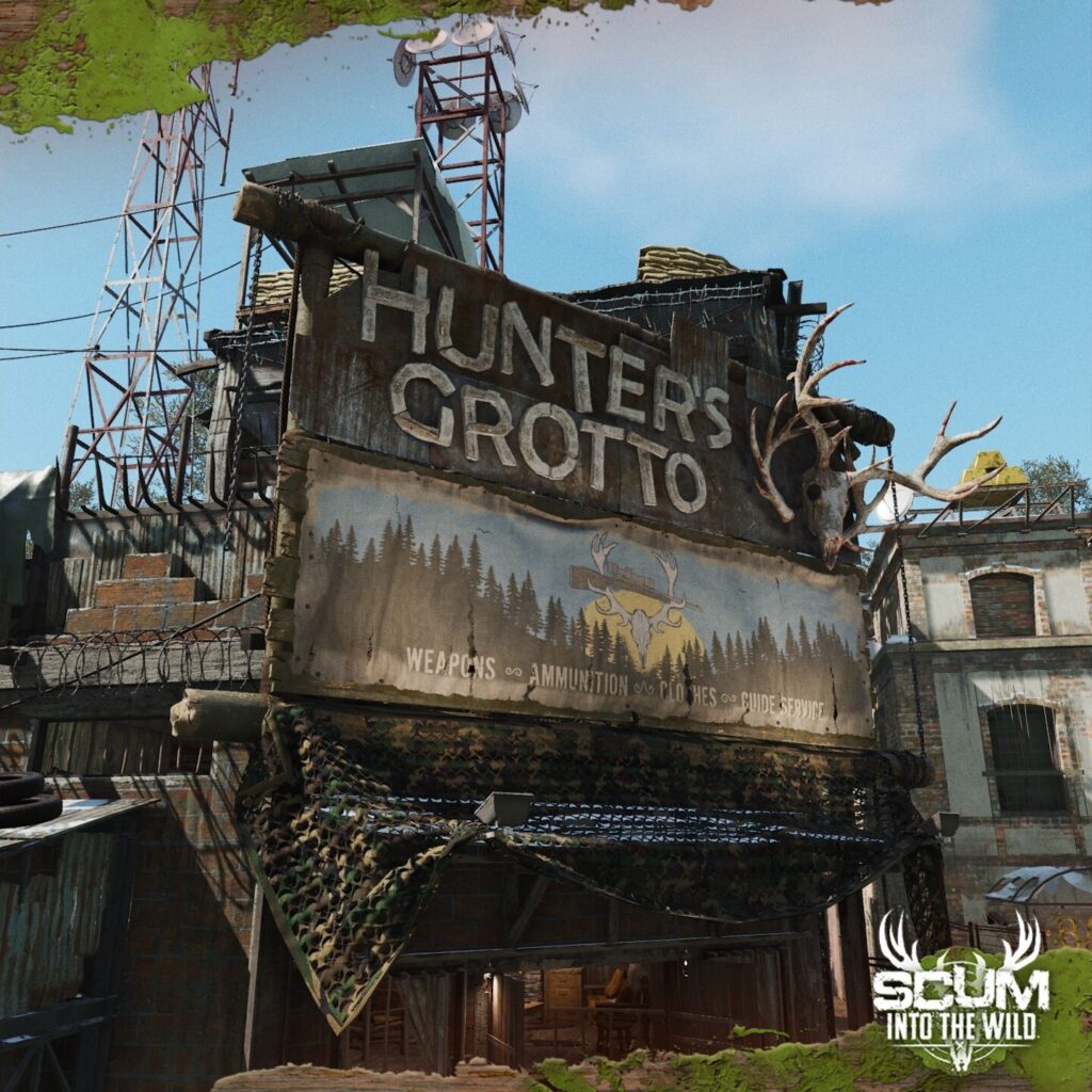 SCUM gameplay screenshot showing the Hunter’s Grotto outpost sign, where players can buy hunting provisions and take on hunting quests.