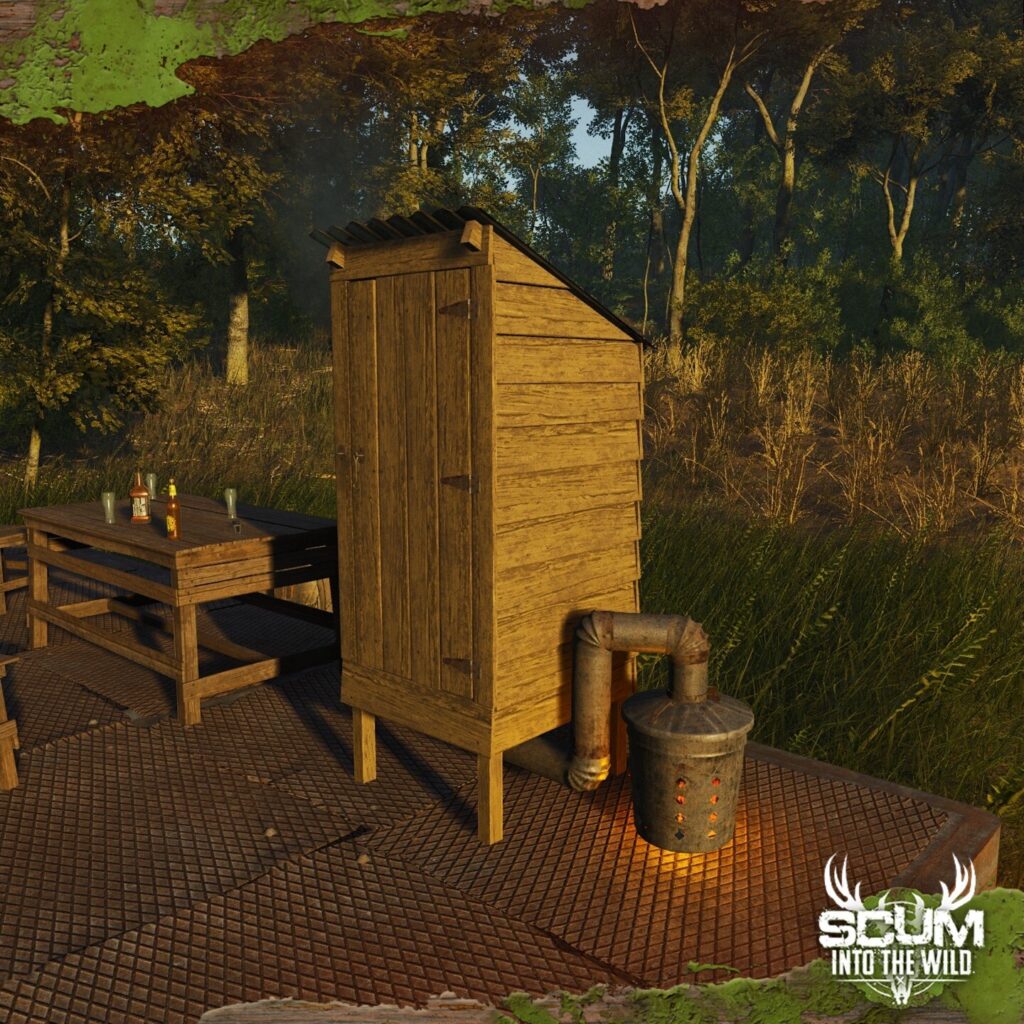 SCUM gameplay screenshot showing a wooden smoker base-building item beside a table in a forest camp