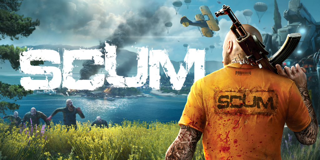 SCUM key art showing a prisoner in an orange jumpsuit with a gun overlooking an island with smoke, supply drops, aircraft and hostile enemies in the distance.