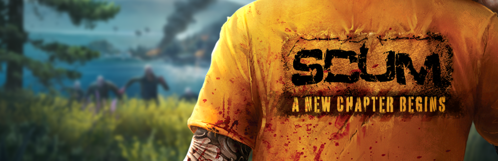 Close-up of SCUM key art showing a prisoner in an orange shirt with a gun over his shoulder and “A New Chapter Begins” on his back