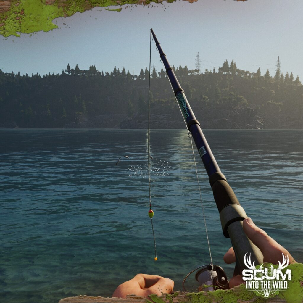 SCUM gameplay screenshot showing a wooden smoker base-building item beside a table in a forest camp