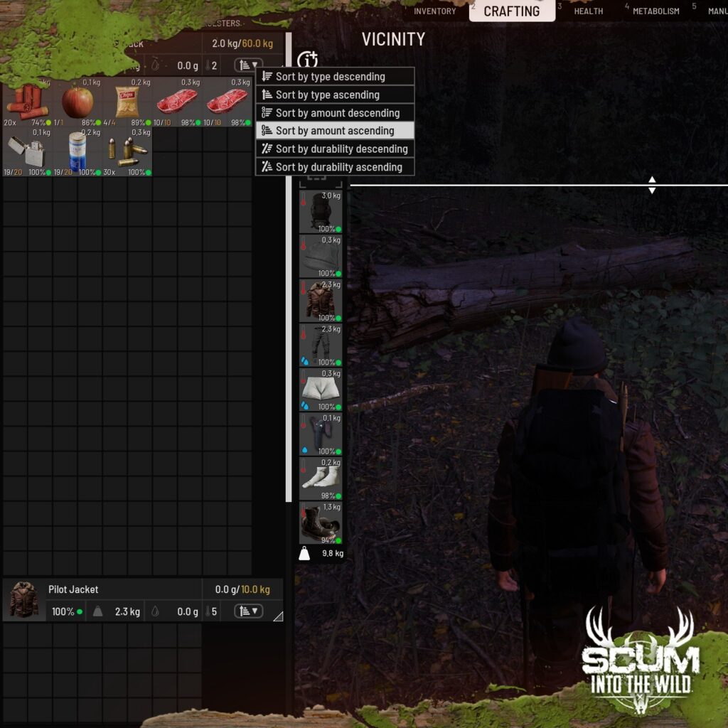 SCUM gameplay screenshot showing a wooden smoker base-building item beside a table in a forest camp