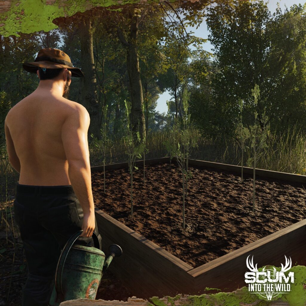SCUM gameplay screenshot showing a wooden smoker base-building item beside a table in a forest camp