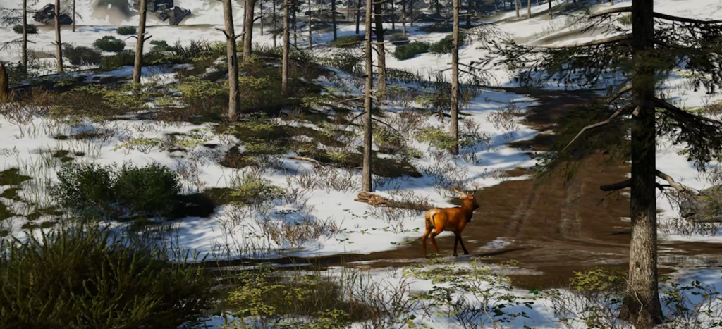 SCUM gameplay screenshot showing a free-roaming deer on a forest trail in a snowy biome.