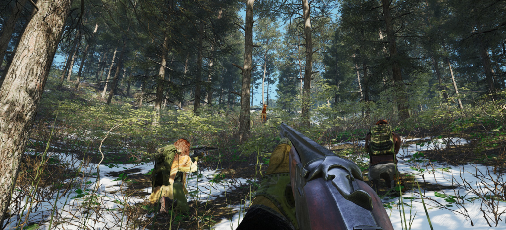 SCUM gameplay screenshot showing players hunting a deer in a snowy forest.