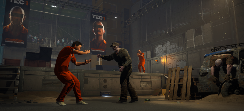 SCUM screenshot showing a prisoner confronting a puppet inside a TEC1 Conditioning Facility.