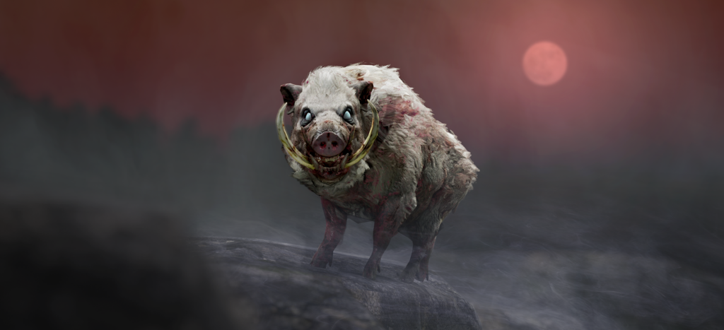 SCUM artwork showing a pale mutant boar with large tusks standing in mist under a red moon.