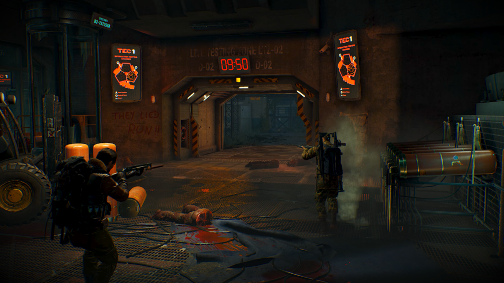 SCUM gameplay screenshot showing two prisoners entering a dark TEC1 testing facility with weapons drawn and a countdown timer above the doorway.