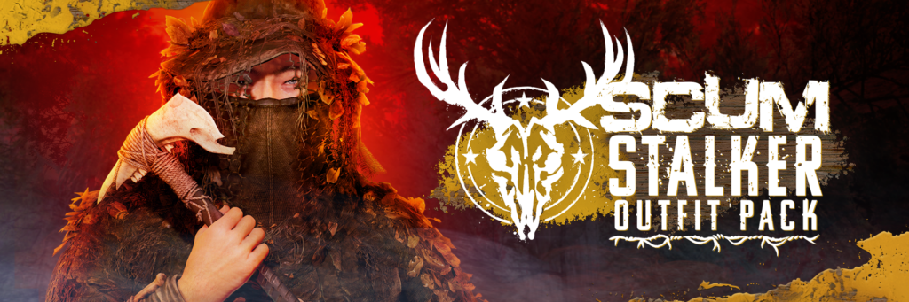SCUM Stalker Outfit Pack artwork showing a masked survivor in stalker gear holding a bone tomahawk against a red forest background.
