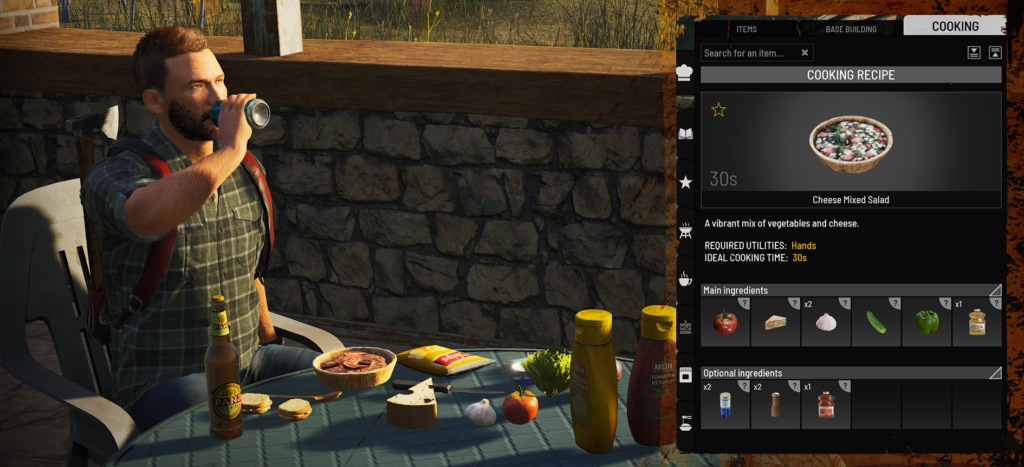 SCUM gameplay artwork showing a survivor eating at a table beside the Cooking menu, with a Cheese Mixed Salad cooking recipe selected.