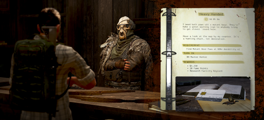 SCUM gameplay artwork showing a player speaking to the Master Hunter, with the “Heavy Handed” mutant bear quest and Research Facility Keycard reward shown beside them.